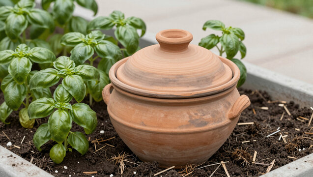 Terracotta olla watering pot among basil plants