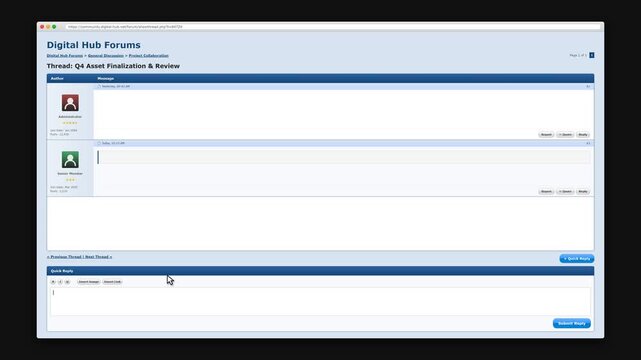 Digital forum discussion thread with animated speech bubbles and social media interaction icons