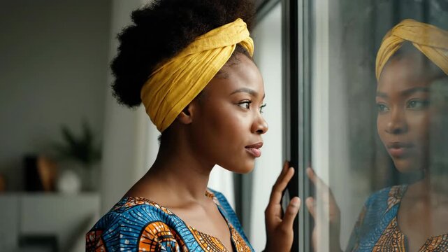 A woman in a vibrant outfit gazes thoughtfully out a window, her reflection visible