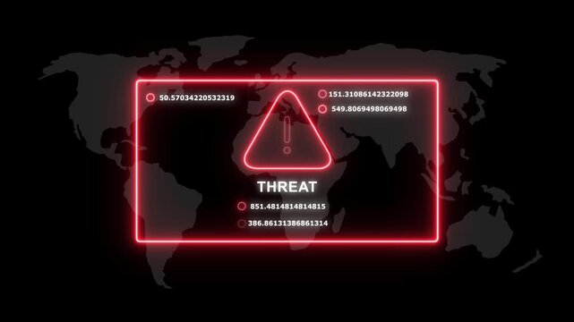 Cybersecurity threat alert notification with glowing red warning and digital data streams over a global map background, for network security, data breach protection, and global internet safety