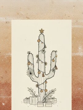 A chic, minimalist line-art illustration featuring a saguaro cactus transformed into a unique desert Christmas tree, complete with a star topper, delicate ornament garlands, and gift boxes at its bas