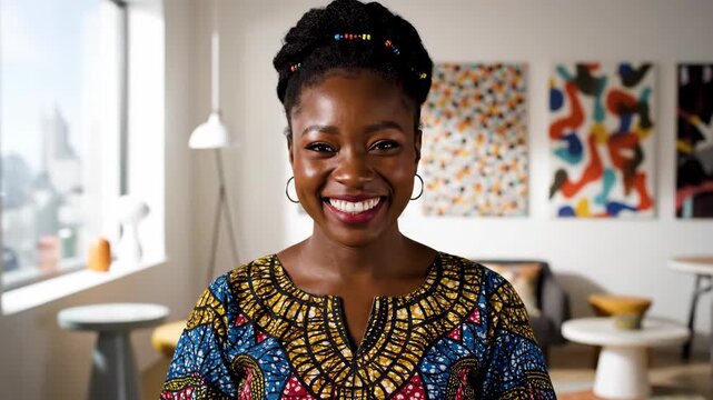 A smiling woman with a colorful patterned top. She has braided hair, beaded accessories, and hoop earrings