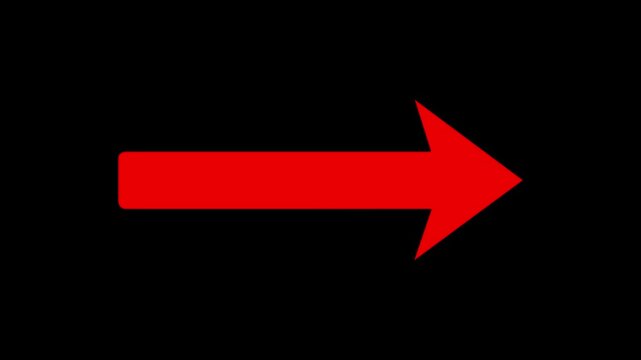 Red arrow pointing left animation loop on black background, direction indicator and navigation motion graphics 4k animation.