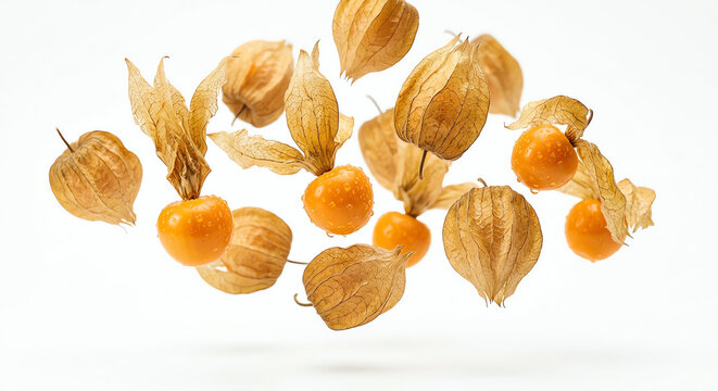 Golden Berries Flying White Background, Cape Gooseberry, Fruit Food