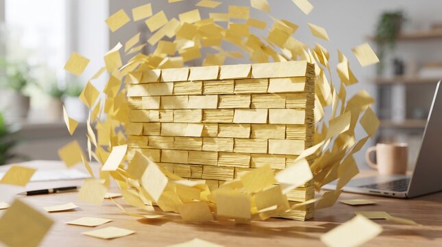 A whirlwind of yellow sticky notes solidifying into a solid brick wall representing the overwhelming barrier of micro-management and office bureaucracy.