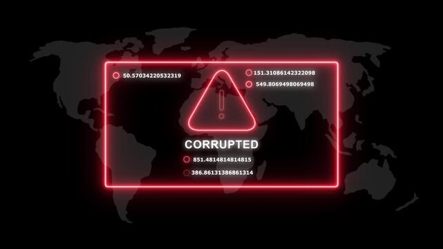 Digital cyber security warning alert featuring a glowing red neon frame with corrupted data error message and dynamic numerical code overlays on a dark global map background, for technology concepts