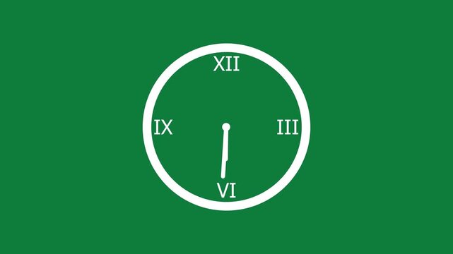 Fast motion clock face with roman numerals spinning rapidly on a solid green background, representing the concept of passing time, deadline pressure, efficiency, and chronological progression for