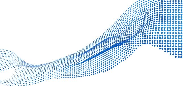 Abstract wave pattern made of small blue and grey dots forming a flowing digital mesh design