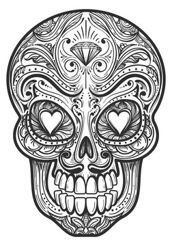 Mexican skull drawing with ornate pattern and heart eyes