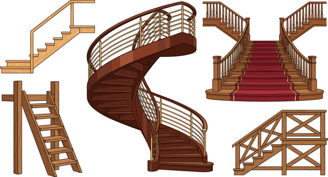 Luxury Architectural Wooden Staircase Vector Doodle Set Featuring Classic Spiral Stairs Mansion Red Carpet Entryway Scaffold and Ladder Illustrations