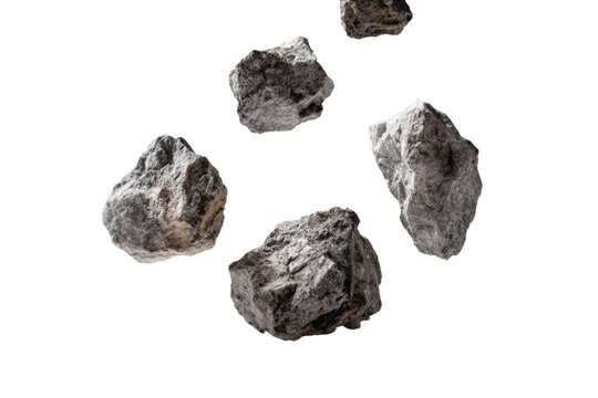 Collection of floating meteorite rocks on white