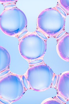 Abstract 3D composition of translucent iridescent molecule with soft blue and pink hues, glossy reflections. Futuristic background for beauty, technology, wellness, luxury branding and modern design.