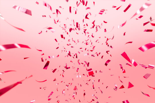 Abstract 3D glossy pink and red confetti ribbons against a soft pink background, creating a dynamic festive composition. For celebration, party, birthday, holiday, event and creative design concepts.