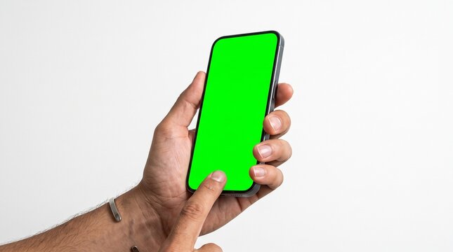 Human hand holding a modern smartphone with a bright green chroma key screen displaying interactive digital content for mobile application design mockups against white backgrounds