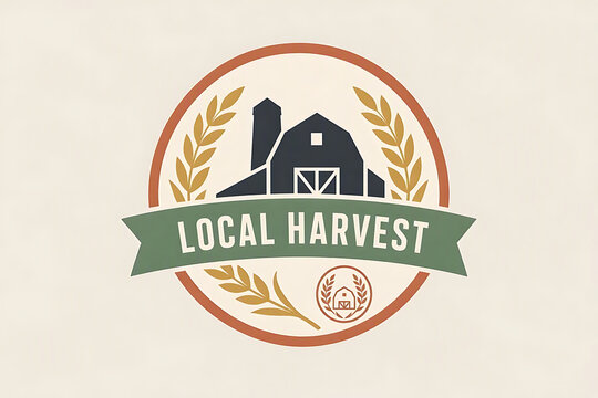 Local harvest farm badge design with barn and wheat agriculture logo farm emblem barn icon wheat grain organic food farm life food branding vintage label