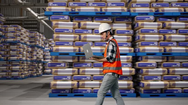 Side View of Asian Male Engineer Use Computer While Walking at Warehouse Stacked Cement Bags Pallets