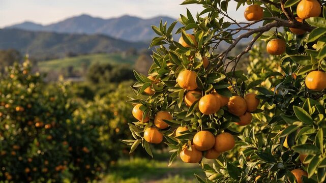 Tangerine tree branch covered with ripe orange fruits, golden hour sunlight, 4K video