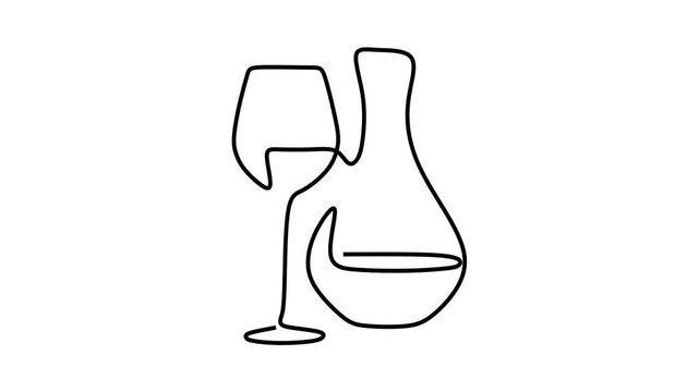 Animated self drawing of continuous line draw of Wine glass and decanter in a continuous line art. . Full length one line animation. 4K	

