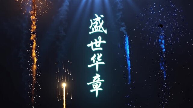 Chinese calligraphy text with fireworks, glowing white characters on dark night sky background, festive celebration pyrotechnics display