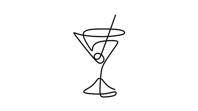 Animated self drawing of continuous line draw of Martini Cocktail with Olive in One Line  . Full length one line animation. 4K	
