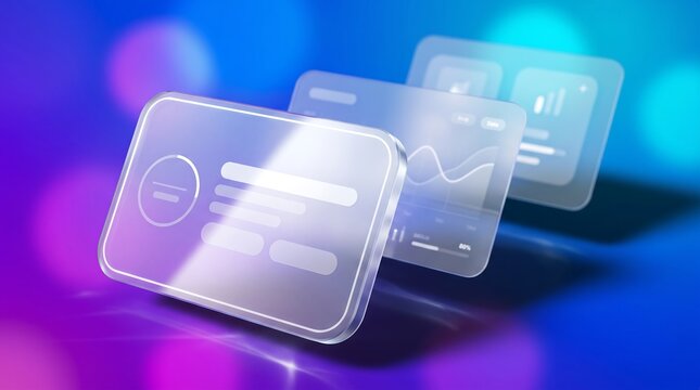 Digital data screens with charts and graphs in futuristic interface on blue background.