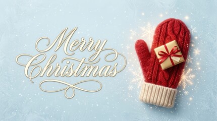 Obraz premium Merry Christmas greeting with a red knitted mitten holding a gift box