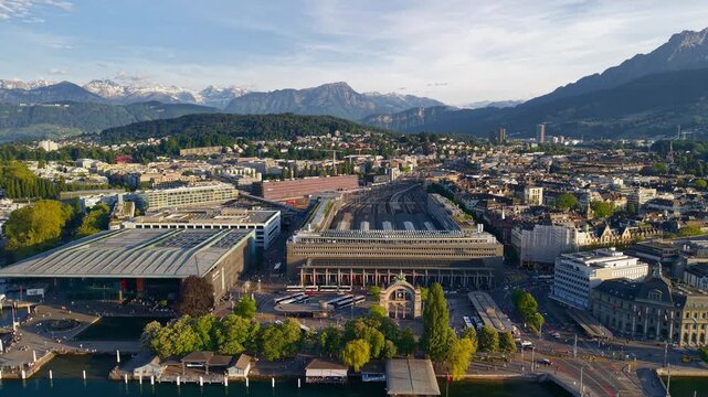 Aerial view of Lucerne train station city center and lake