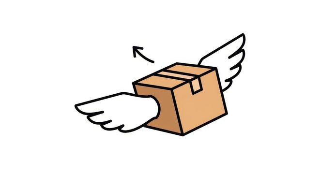 Illustration of a brown cardboard delivery box with angel wings flying fast, representing express shipping and quick delivery