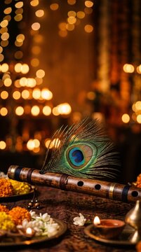 Lord Krishna bansuri flute and peacock feather with lit diyas and warm bokeh lights for Govardhan Puja festival