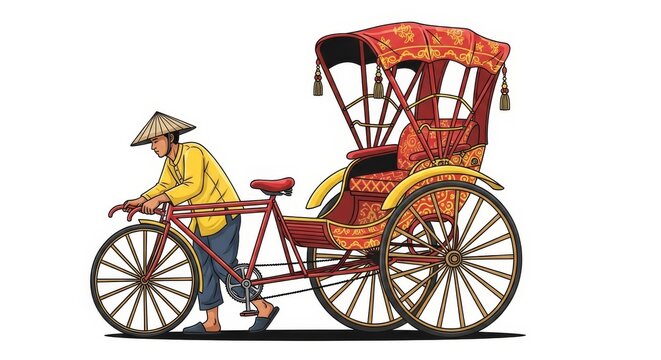 Asian man in traditional conical hat pushing a decorative cycle rickshaw transport vehicle on an isolated white background