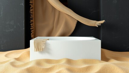 Obraz premium Minimalist scene. White pedestal rests on sand. Brown fabric drapes over structure, creating soft shadows. Dark backdrop emphasizes contrast.