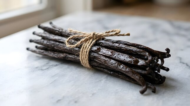Bundle of fresh fragrant vanilla bean pods tied with twine on marble