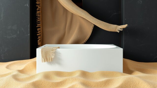 Minimalist scene. White pedestal rests on sand. Brown fabric drapes over structure, creating soft shadows. Dark backdrop emphasizes contrast.