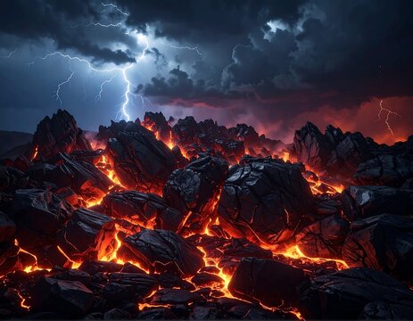 Dramatic volcanic landscape with glowing magma flowing between dark rocks under a stormy sky with lightning bolts. Perfect for fantasy concepts, disaster themes, and apocalyptic backgrounds.