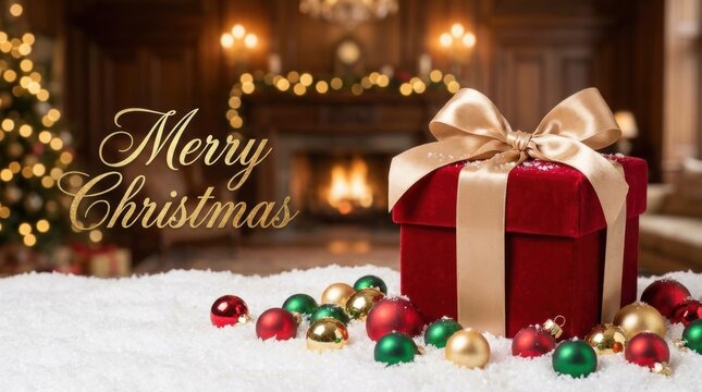 Cozy Christmas Eve with a beautifully wrapped gift and festive decorations