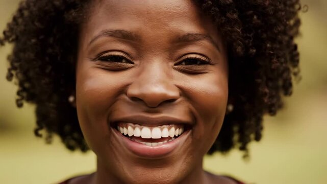 A close-up shot of a Black woman's face shows her smiling broadly. Her eyes crinkle with joy, showcasing bright, healthy teeth
