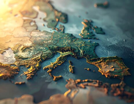 A close-up relief map of Europe and the United Kingdom illuminated by warm sunlight. Ideal for global travel, geopolitical concepts, and international business presentations.