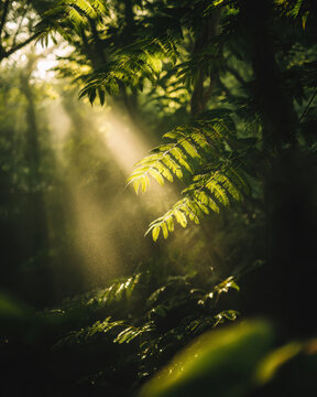 Golden sunbeams illuminating lush green forest foliage