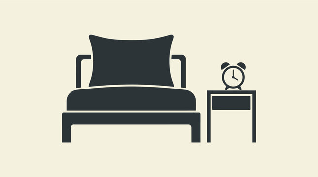 Minimalist bedroom vector icon featuring a single bed with pillow and bedside table with alarm clock. Dark silhouette furniture set on cream background for hotel and home interior design.
