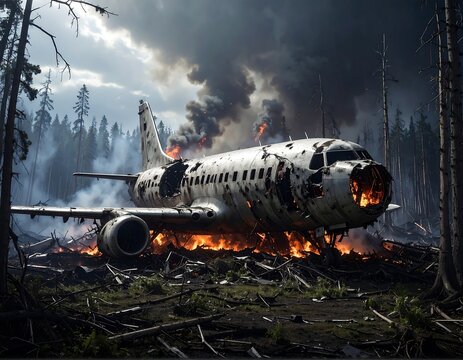 A catastrophic airplane crash site with a burning fuselage and thick smoke in a dense forest. Ideal for disaster news, aviation safety, and emergency response concepts.