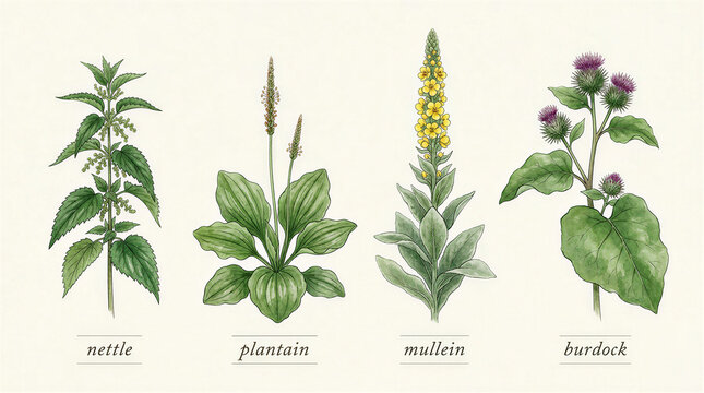 Watercolor illustrations of four common medicinal herbs: nettle, plantain, mullein, and burdock