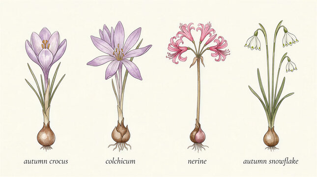 Watercolor botanical illustration of autumn blooming bulbs and flowers