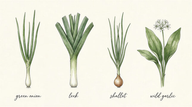 Botanical watercolor illustration of green onion, leek, shallot, and wild garlic