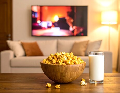A wooden bowl filled with delicious popcorn and a glass of milk on a table in front of a television. Ideal for entertainment, movie nights, and relaxation concepts.