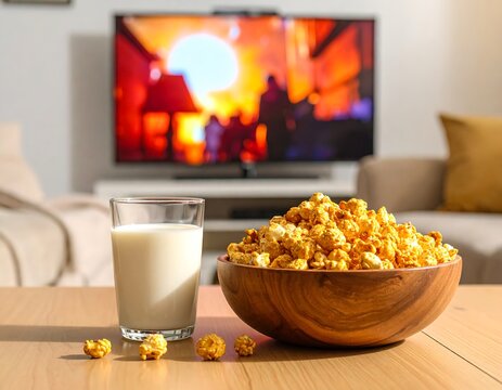 A wooden bowl filled with crispy popcorn and a glass of milk on a table in front of a television. Ideal for relaxing entertainment and movie night concepts.