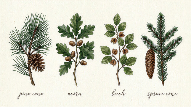 Watercolor botanical illustration of pine cone, oak, beech, and spruce cone