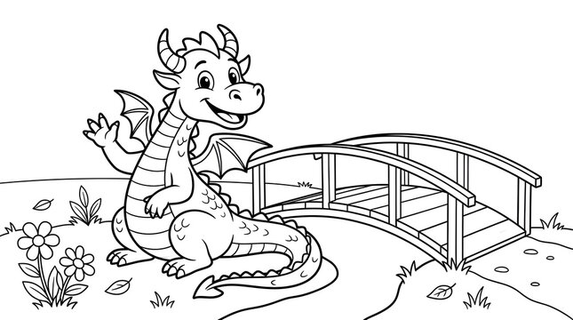 Cartoon dragon sitting near a bridge waving happily