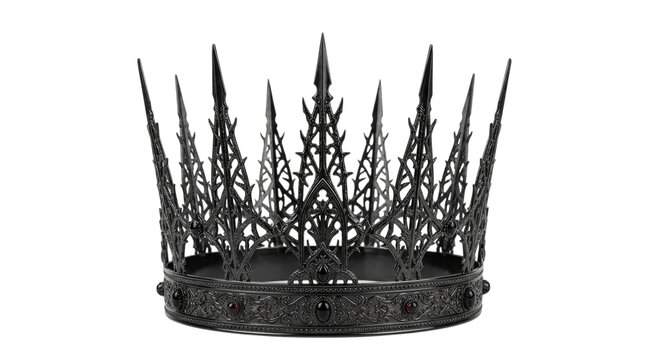 Gothic black metal crown with sharp spikes, ornate dark fantasy tiara for cosplay, medieval evil queen headpiece isolated on white background