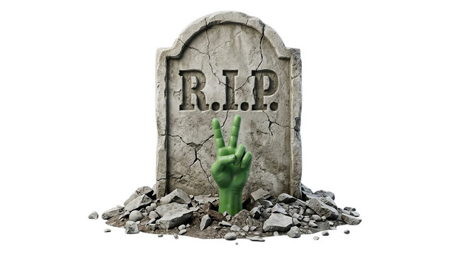 Zombie hand peace sign emerging from grave, cracked stone tombstone with RIP text, undead monster rising from cemetery dirt on white background