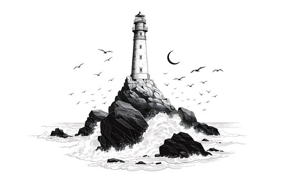 Lighthouse on rocky island at moonlit night with flying birds